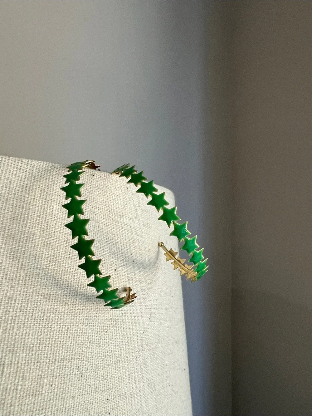 Sheila Fajl 2 inch Gold Hoop Earrings with Green Star Accents